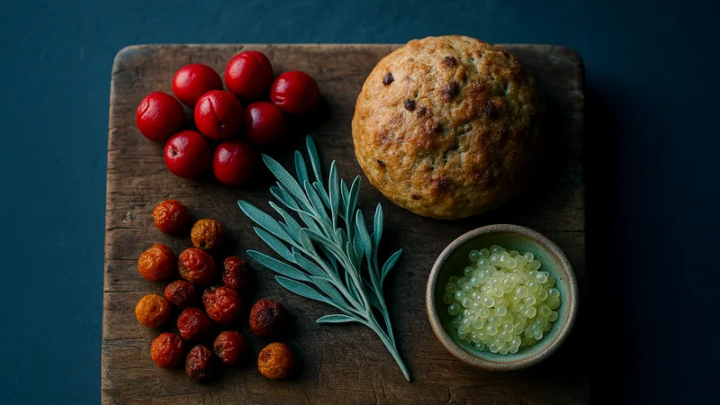 Quandongs, wattleseed damper, saltbush and bush tomatoes on a wooden board
