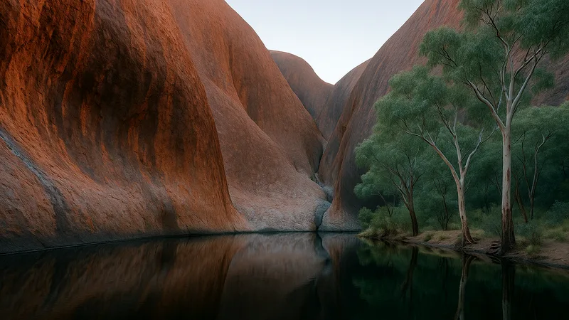 Still waterhole reflecting Uluru's rock wall, fringed by gum trees in shade