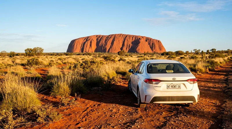 Parked rental car facing the view of Uluru across the desert plains.