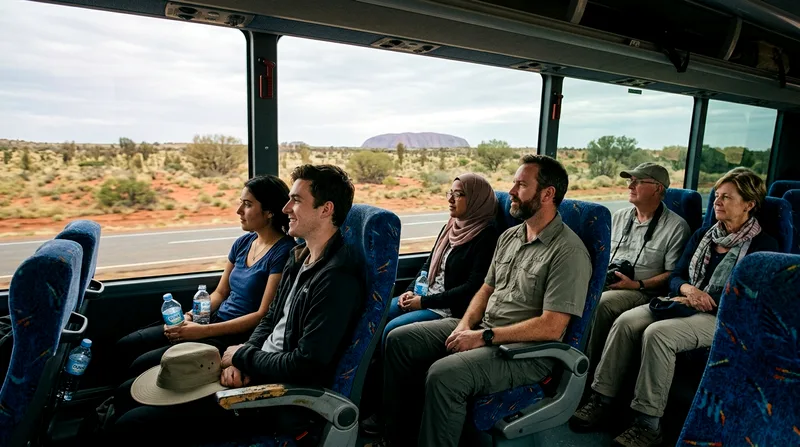 Coach passengers seated inside looking out windows toward the desert landscape.