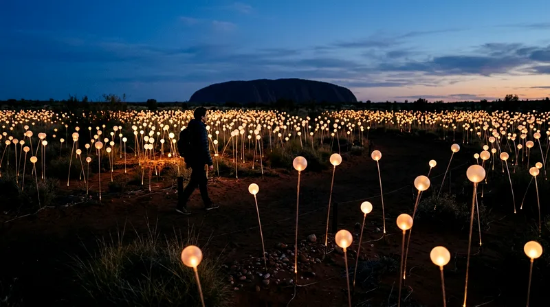 One visitor walking between illuminated glass spheres as night approaches.