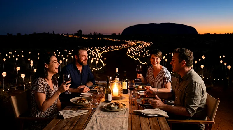 Four diners at a table with Field of Light installation and Uluru visible in background.