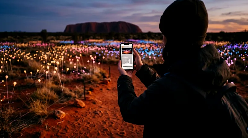 Visitor holding entry ticket with Field of Light installation visible behind.