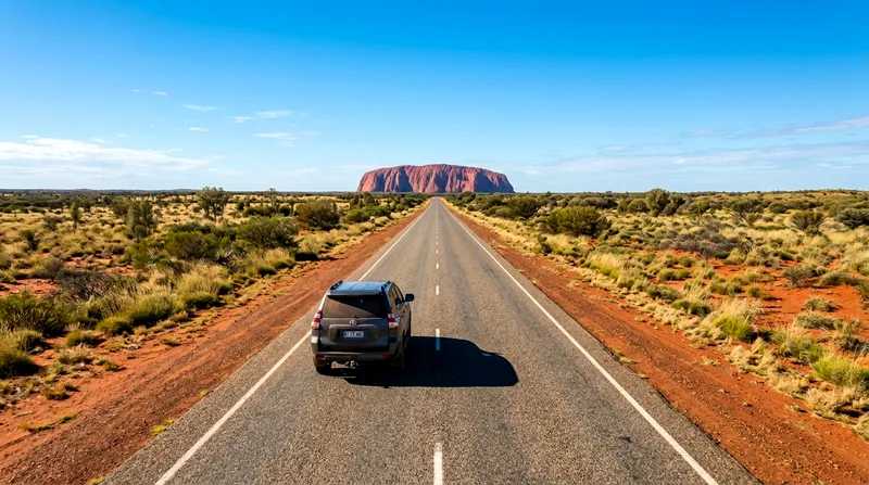 Rental car driving toward Uluru on the straight Lasseter Highway through red desert.