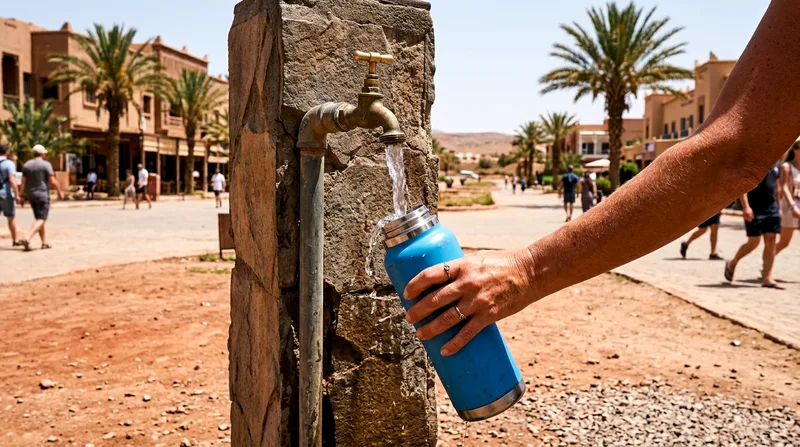 Visitor refilling water bottle at public station in Yulara town square.