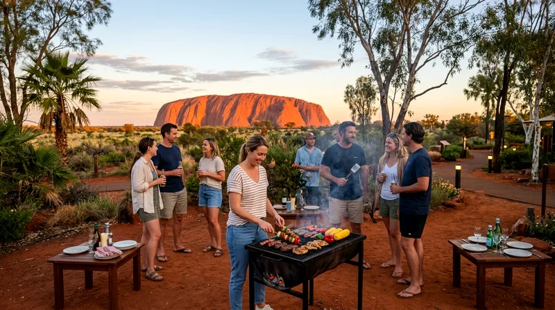 Group cooking meal on outdoor barbecue with Uluru visible on horizon at sunset.