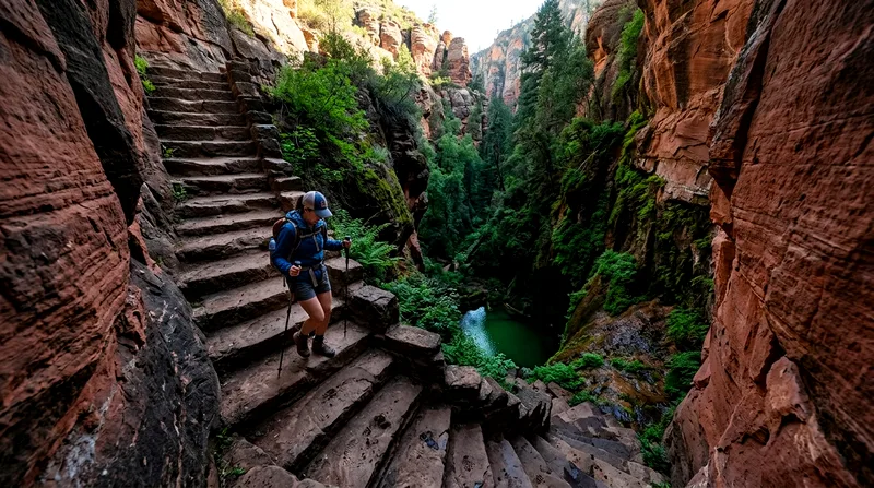 Hiker descending carved stone stairs into narrow ravine with green foliage and waterhole visible.