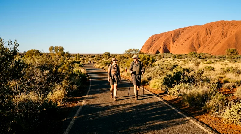 Two walkers on sealed base trail with their long morning shadows.