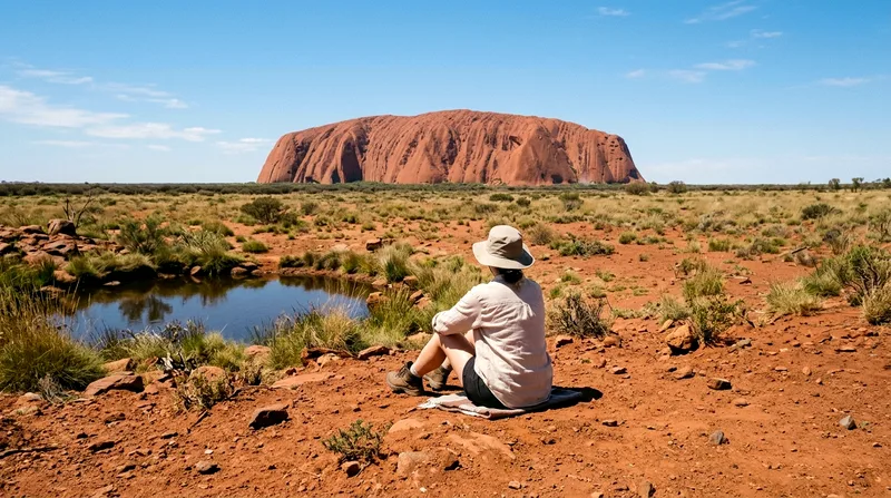 Visitor sitting on red earth near waterhole with Uluru across desert.