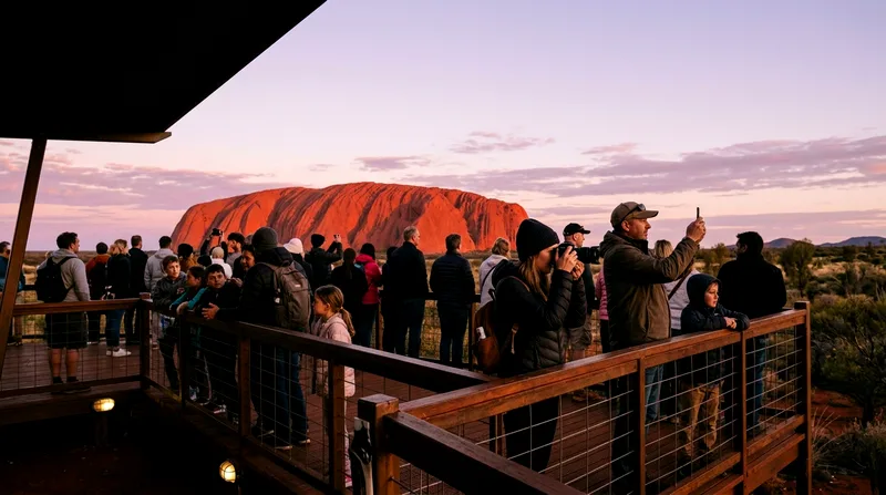 Large group at sunset viewing platform with Uluru glowing deep red.