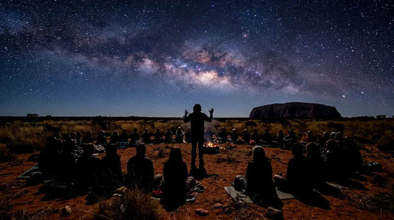 Aboriginal guide silhouetted against starry night sky during after-dinner storytelling.
