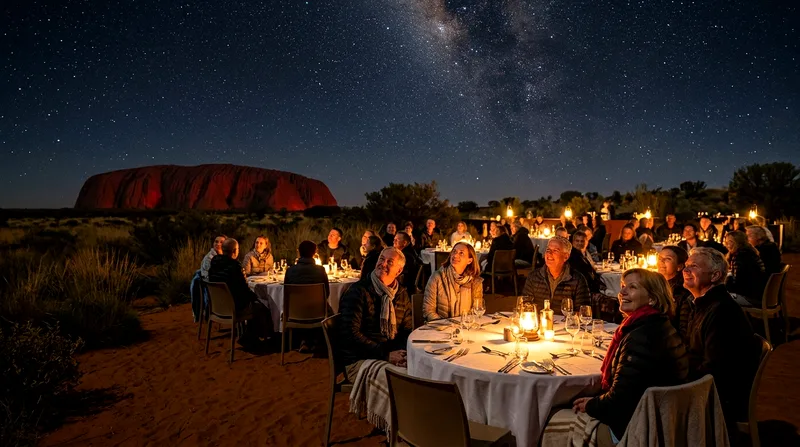 Guests seated at Sounds of Silence Uluru dinner tables during the night sky storytelling session