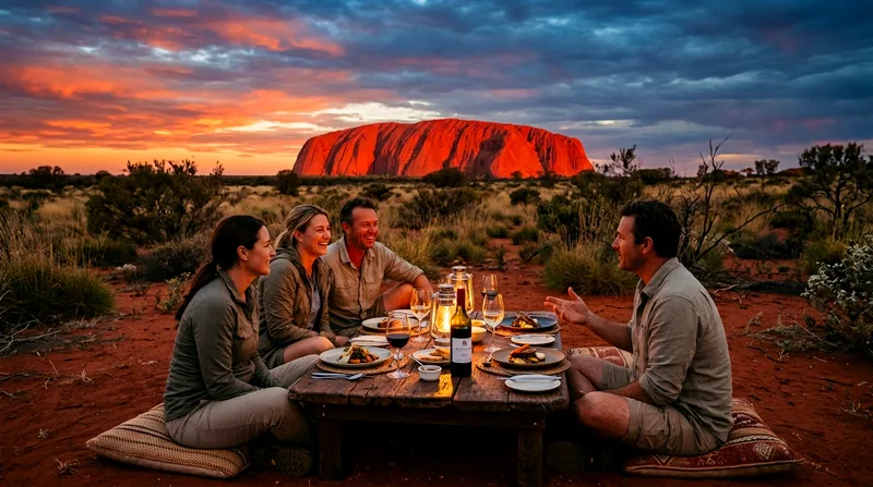 Four diners seated around intimate low table with Uluru glowing red on horizon.