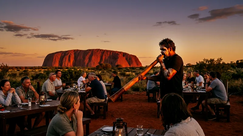 Aboriginal musician playing didgeridoo for dinner guests with Uluru on horizon.