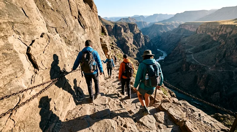 Hikers descending steep rocky staircase into Kings Canyon gorge.