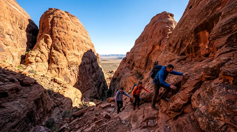 Three hikers ascending rocky trail into gorge between Kata Tjuta domes.