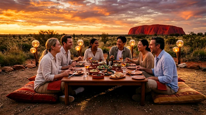 Diners seated at low table with illuminated glass spheres and sunset Uluru.