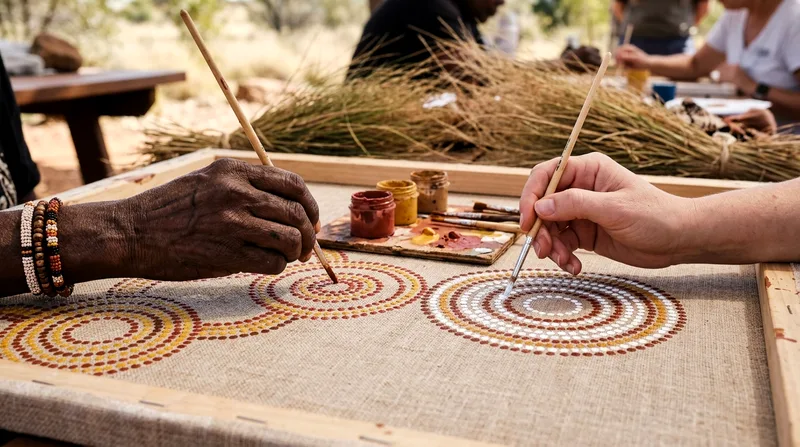 Two hands creating traditional dot paintings with brushes and natural ochre paints.