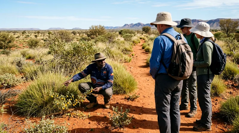 Aboriginal guide showing tourists bush tucker plants on a scrubland trail.