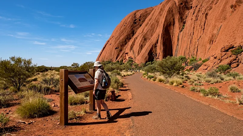 Solo walker reading interpretive sign along the sealed base walking path.