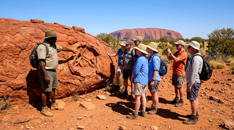 Ranger-led group gathered at rock outcrop during interpretive talk.