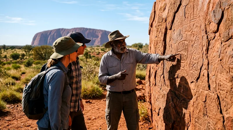 Aboriginal guide pointing to rock feature while two visitors listen closely.