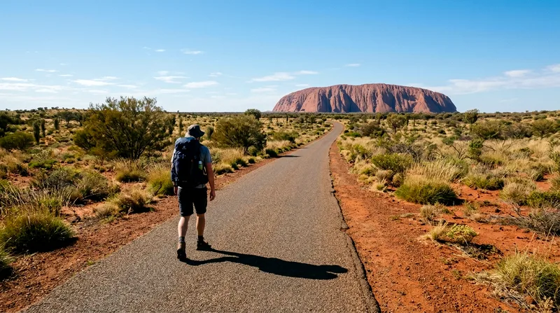 Solitary hiker walking away on sealed base trail with Uluru ahead on distant horizon.