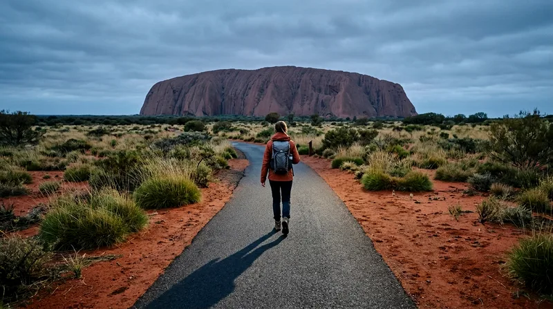 Solo walker on sealed trail in morning light with Uluru cliff ahead.