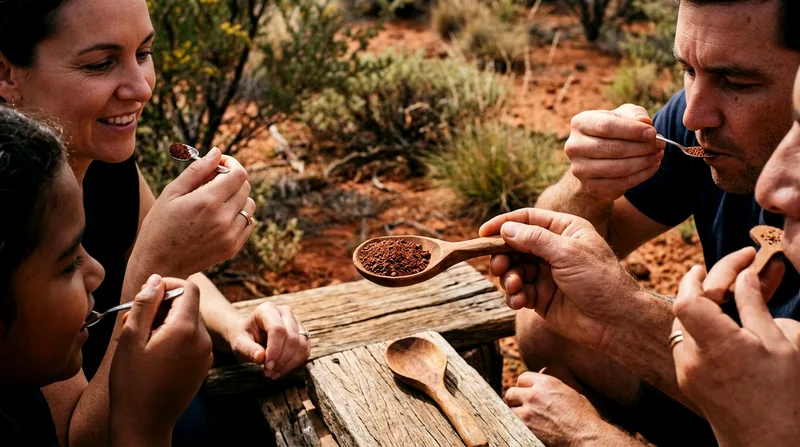 Multiple people tasting wattleseed powder on spoons during demonstration.