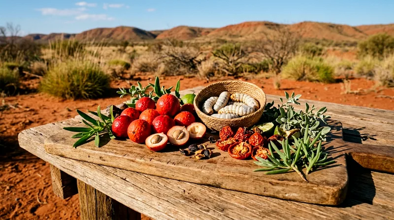 Rustic platter of native ingredients including quandong, witchetty grub, and bush plants.