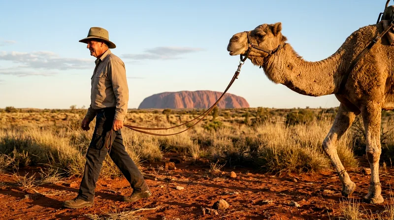 Camel handler leading camel across red desert with Uluru visible on horizon.