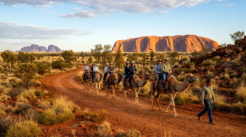 Group camel tour near Uluru with Kata Tjuta visible on the horizon