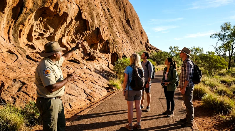 Aboriginal guide pointing to landscape features while speaking to visitors on trail.