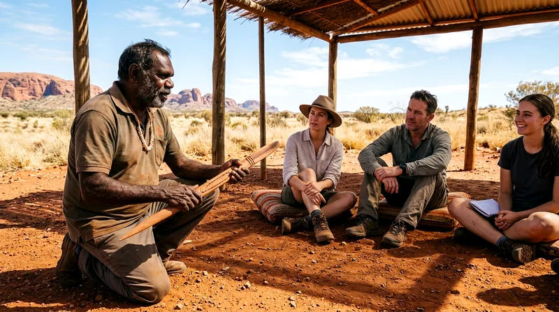 Aboriginal guide demonstrating traditional tool to seated visitors outdoors.