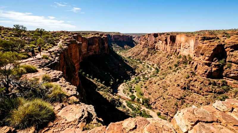 Kings Canyon rim overlook showing steep red cliffs and river bed far below.