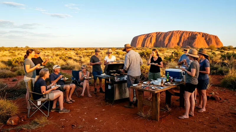 Group of tourists eating at a casual outdoor barbecue setup with Uluru visible in distance.