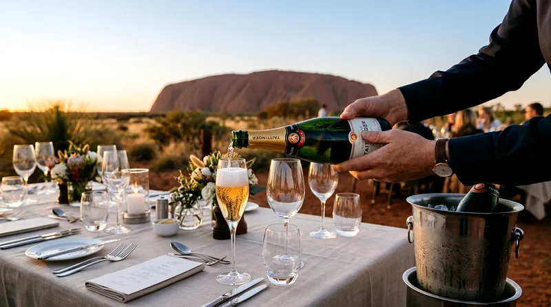 Server pouring champagne at formally set outdoor dining table with desert view.