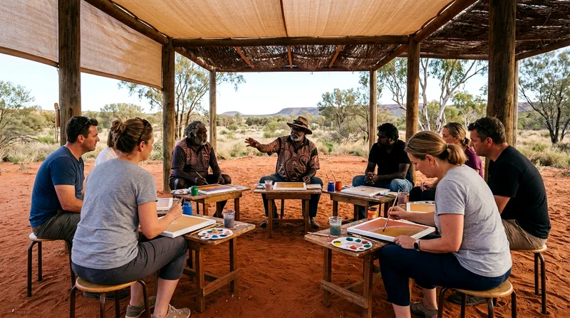 Small group of workshop students seated around instructor in open shelter.