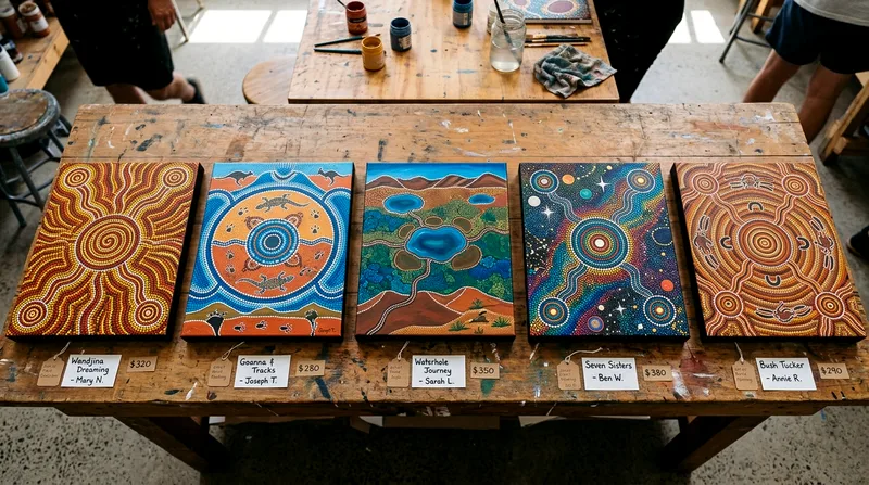 Five completed Aboriginal dot paintings displayed on table.