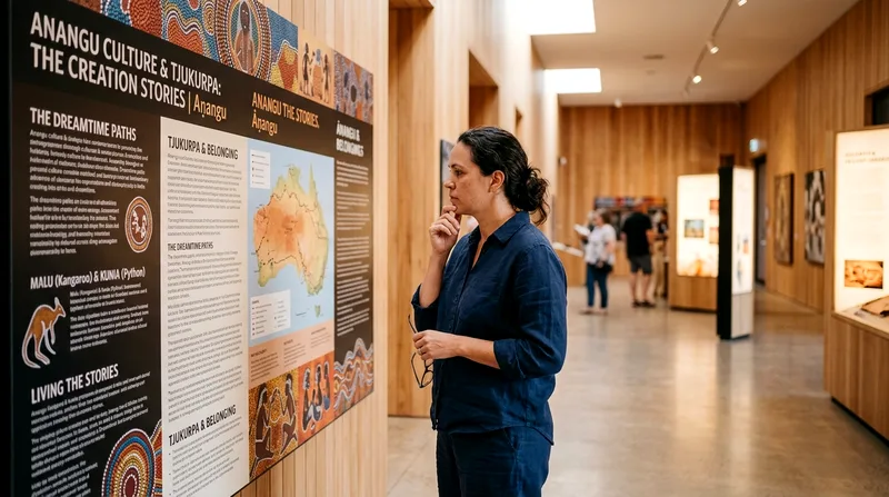 Visitor reading an interpretive panel inside the Uluru Cultural Centre.