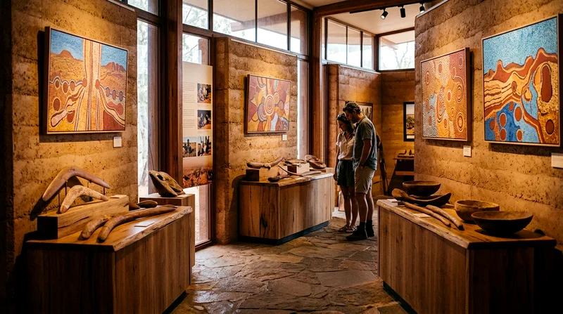 Interior exhibits at the free Uluru Cultural Centre showing Anangu culture and artifacts