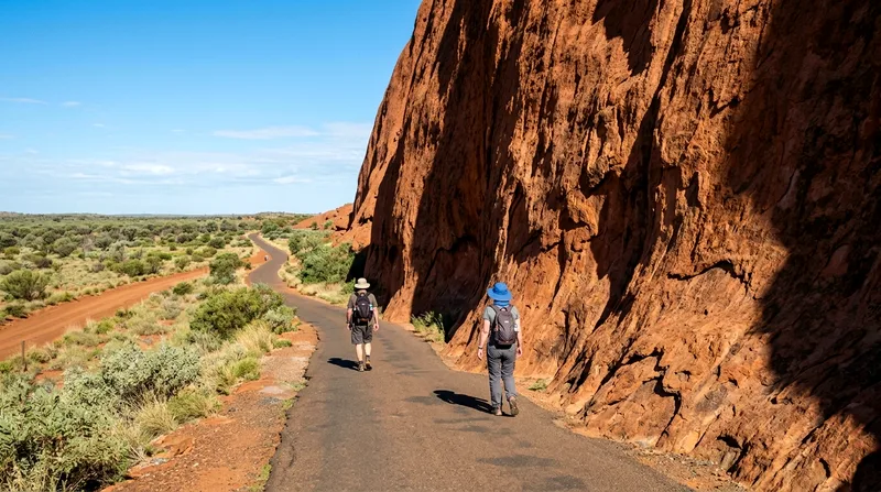 Two walkers on sealed trail with Uluru cliff rising directly beside them.