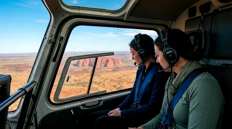 Helicopter cabin interior with two passengers looking out at landscape through windows.