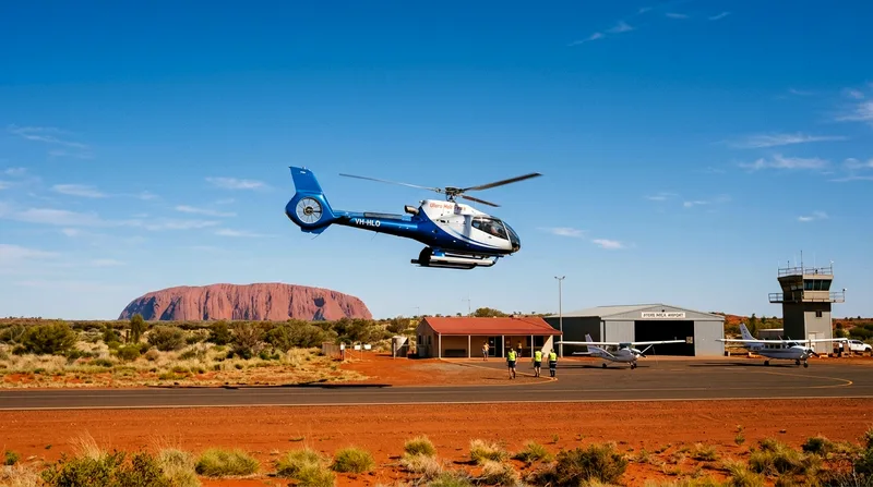 Light helicopter on or near runway at Ayers Rock Airport with terminal and other aircraft visible.
