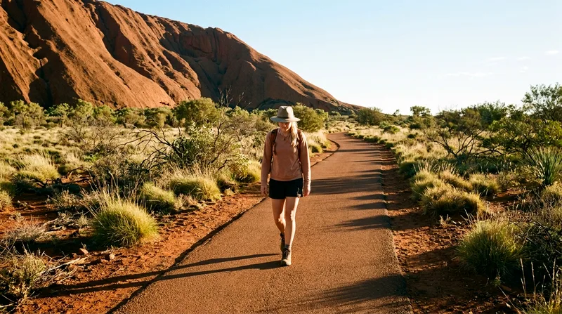 Lone hiker walking the base trail in early morning light with Uluru ahead.