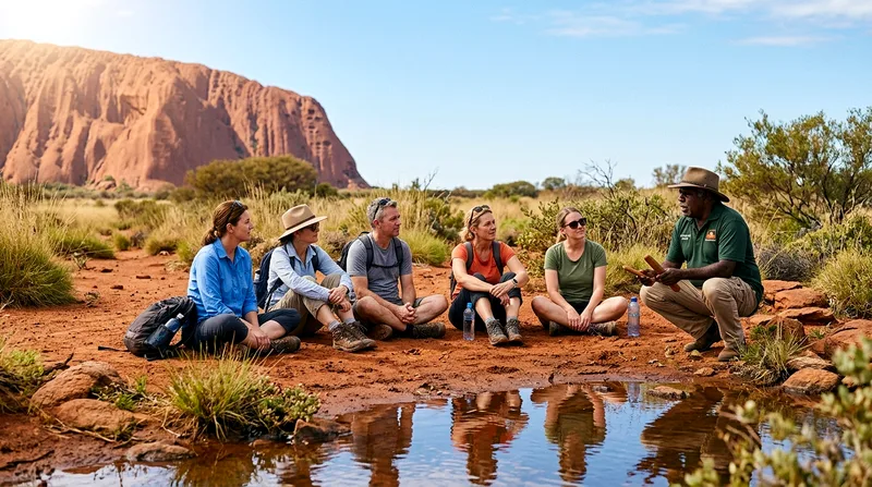Group sitting at Mutitjulu Waterhole listening to Aboriginal guide explain its significance.