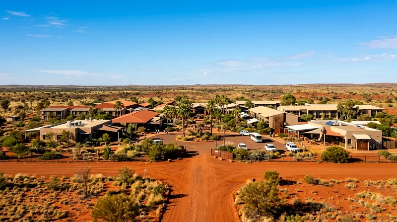 Ayers Rock Resort buildings set among palm trees against red desert landscape.