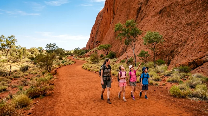 Two children walking Mala Walk with Uluru cliff face rising beside trail.