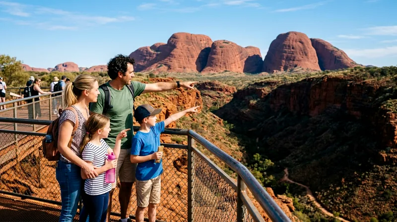 Family at Kata Tjuta lookout viewing red rock domes and gorges.