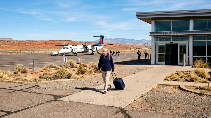 Older traveler with luggage at Ayers Rock Airport terminal building.